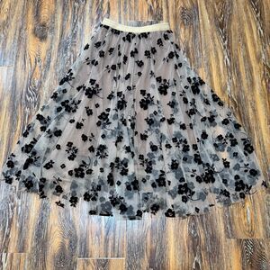 ChicWish Posy Double-Layered Mesh Midi Skirt in‎ Caramel Rose Gold Brown Black S
